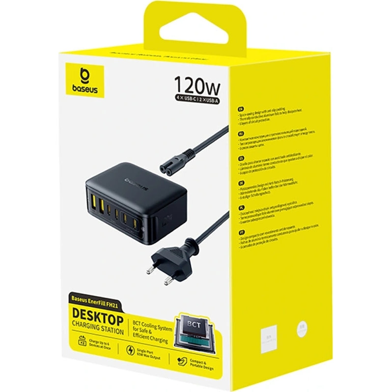GaN-Ladestation, Tischladegerät 120 W, 4x USB-C / 2x USB-A, Baseus EnerFill FH21, Schwarz