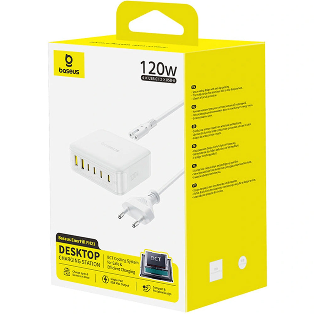 GaN-Ladestation, Tischladegerät 120W, 4x USB-C / 2x USB-A, Baseus EnerFill FH21, Weiß
