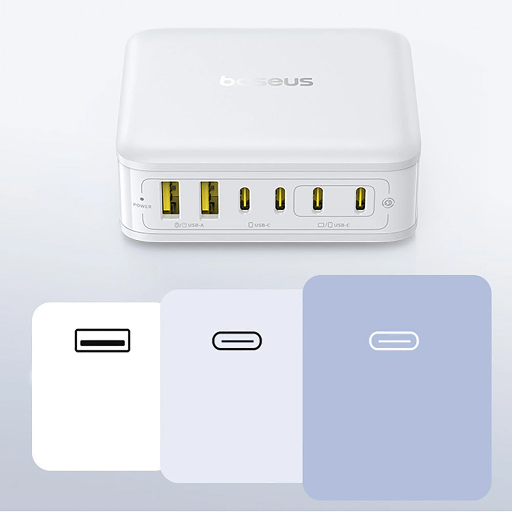GaN-Ladestation, Tischladegerät 120W, 4x USB-C / 2x USB-A, Baseus EnerFill FH21, Weiß