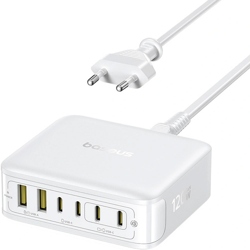 GaN-Ladestation, Tischladegerät 120W, 4x USB-C / 2x USB-A, Baseus EnerFill FH21, Weiß