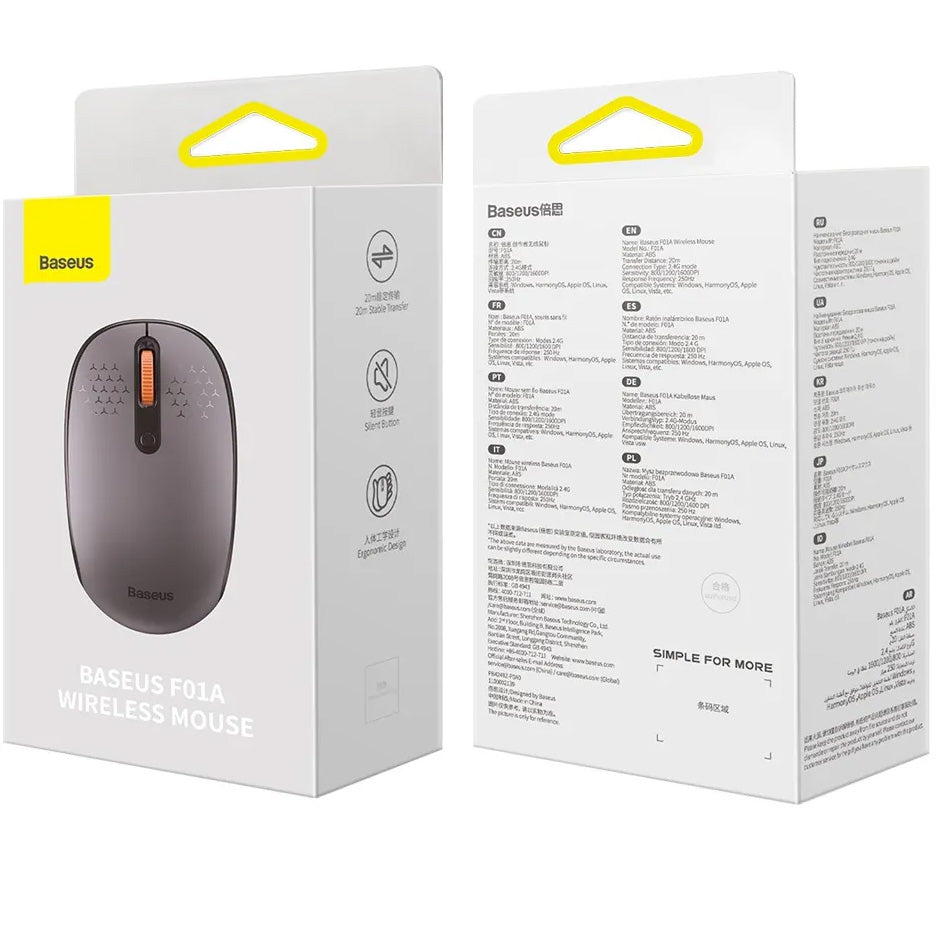 Ergonomische kabellose Maus, Baseus F01A, 2.4 GHz, 1600 DPI, Grau