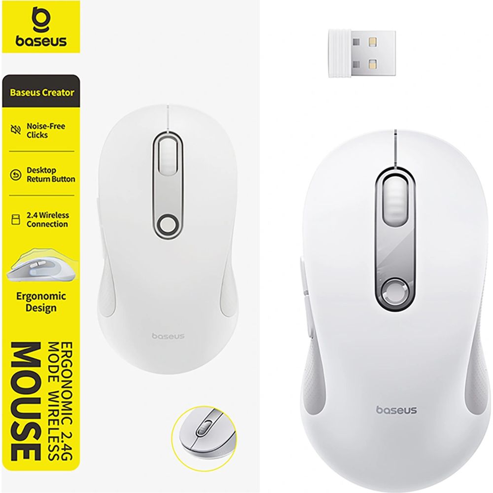 Ergonomische kabellose Maus, Baseus F02, USB 2.4GHz, 1600 DPI, Weiß-Grau