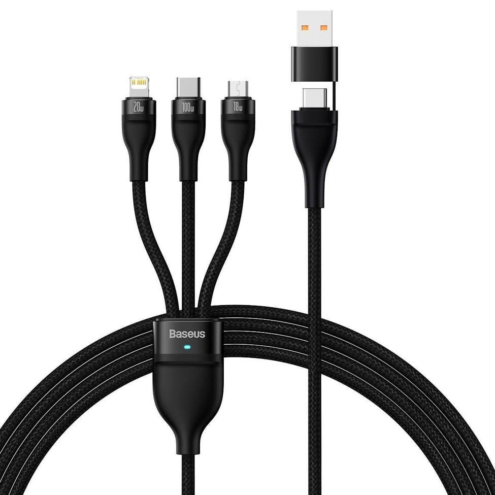Kabel 3in1 USB-C / USB-A zu USB-C / Lighning / MicroUSB, Baseus Flash Series II, Schwarz