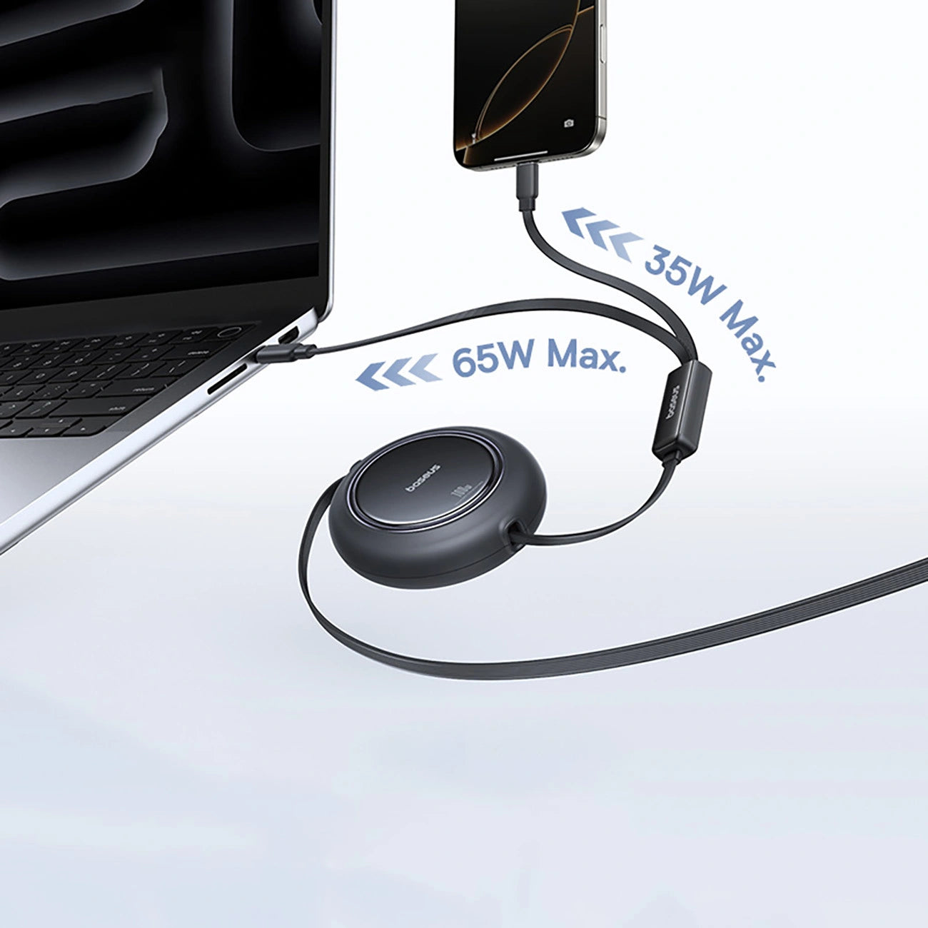 Aufrollbares Kabel, Baseus Free2Pull USB-C - 2x USB-C, 100 W PD, 1.2 m, Schwarz