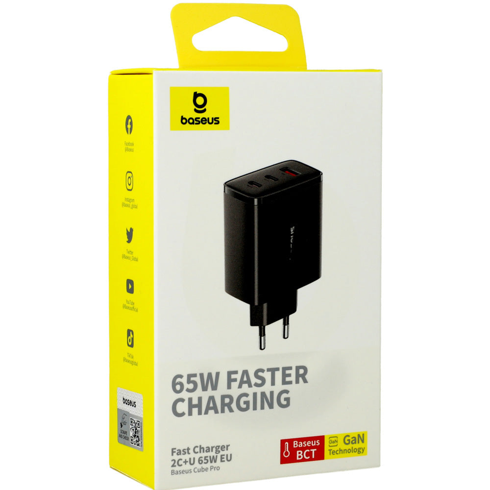 Ladegerät Baseus GaN5 Cube Pro, 2x USB-C / 1x USB-A 65W, PD, QC 3.0, Schwarz