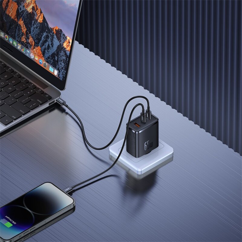 Ladegerät Baseus GaN5 Cube Pro, 2x USB-C / 1x USB-A 65W, PD, QC 3.0, Schwarz