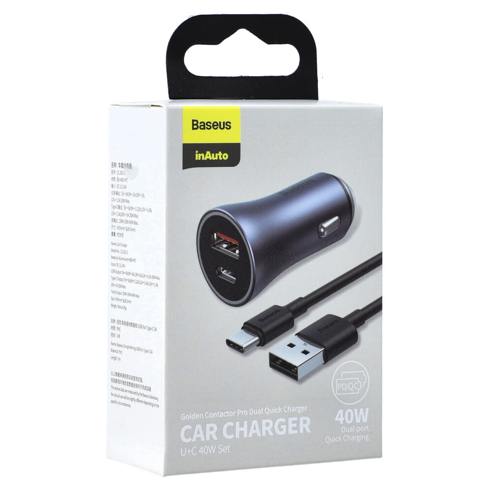 Autoladegerät Baseus Golden Contactor Pro 1x USB-A, 1x USB-C, PD 3.0, QC 4.0 + Kabel USB-C, Blau