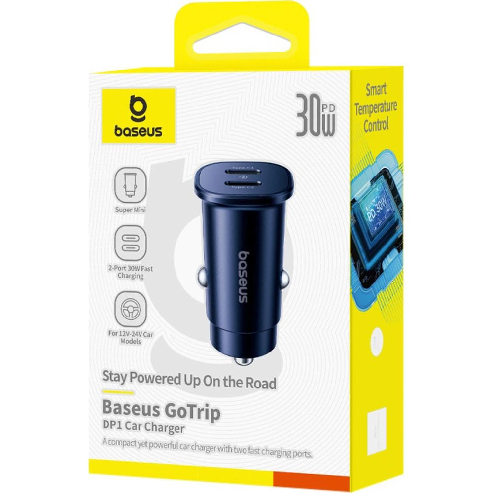 Autoladegerät 2x USB-C, Baseus GoTrip DP1, 30W, QC, PD, PPS, AFC, FCP, Schwarz