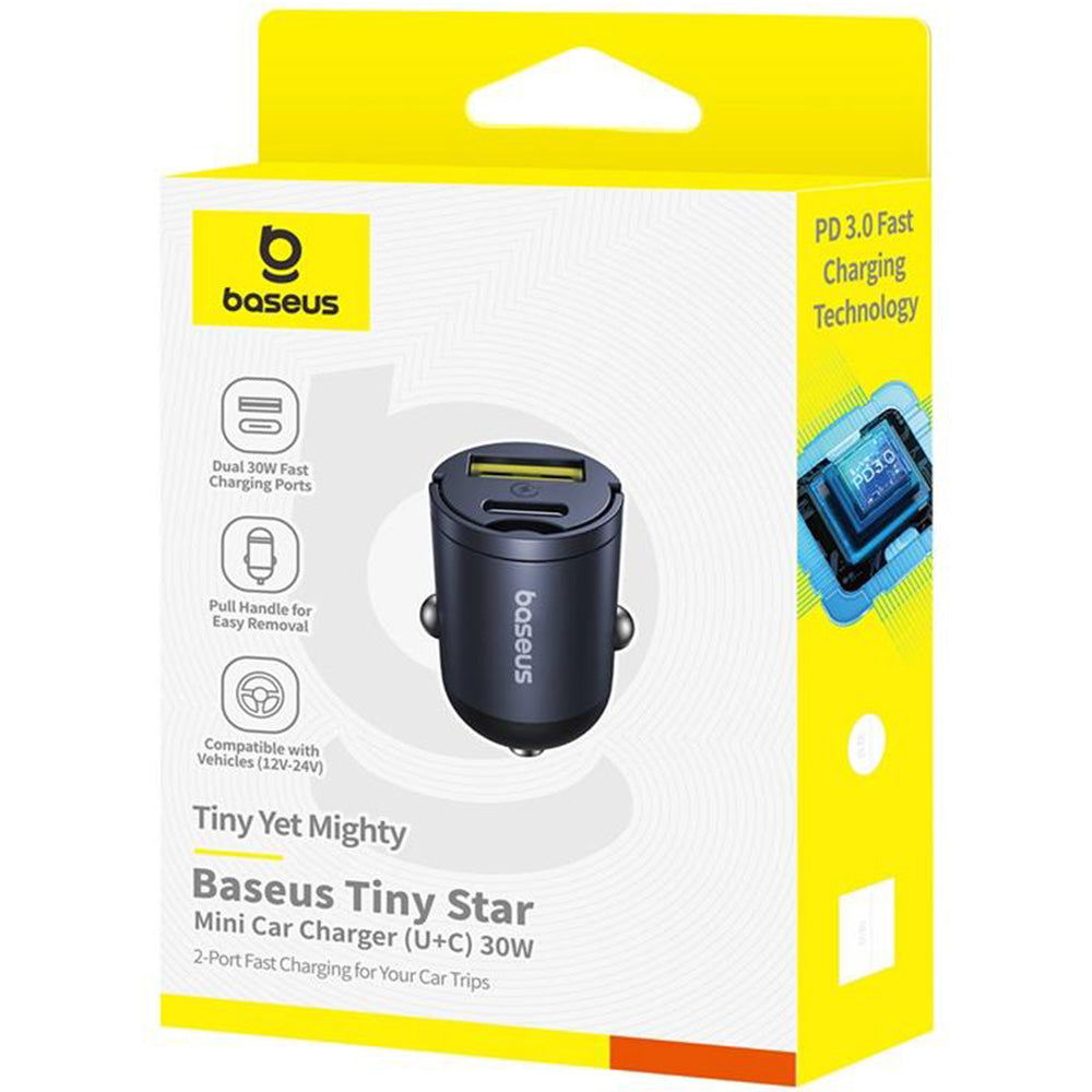 Autoladegerät PD 30W, 1x USB-A, 1x USB-C , Baseus Mini Tiny Star, Schwarz