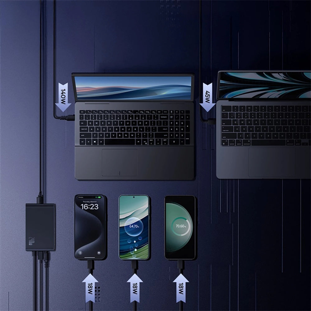 Ladestation GaN mit 240W, 3x USB-C PD, 1x USB-A und 1x DC, Baseus Digital, Schwarz