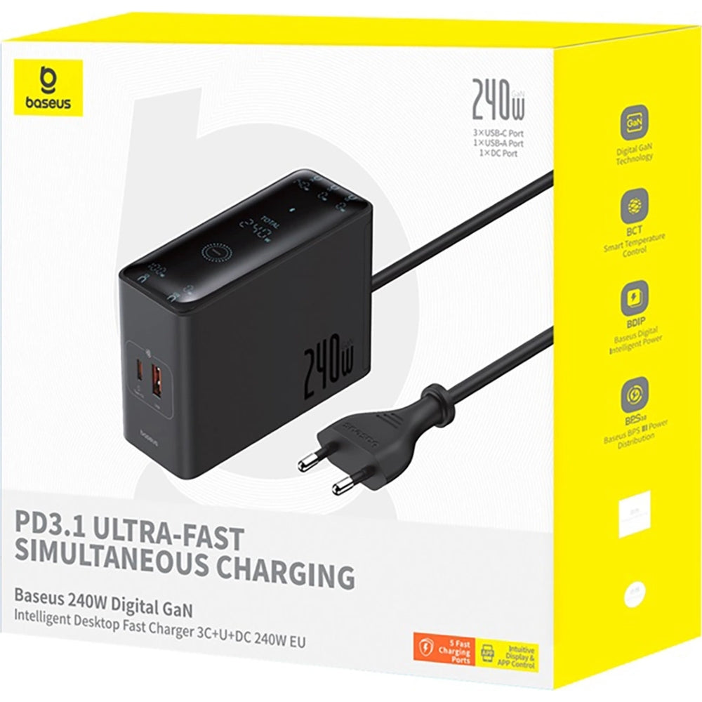 Ladestation GaN mit 240W, 3x USB-C PD, 1x USB-A und 1x DC, Baseus Digital, Schwarz