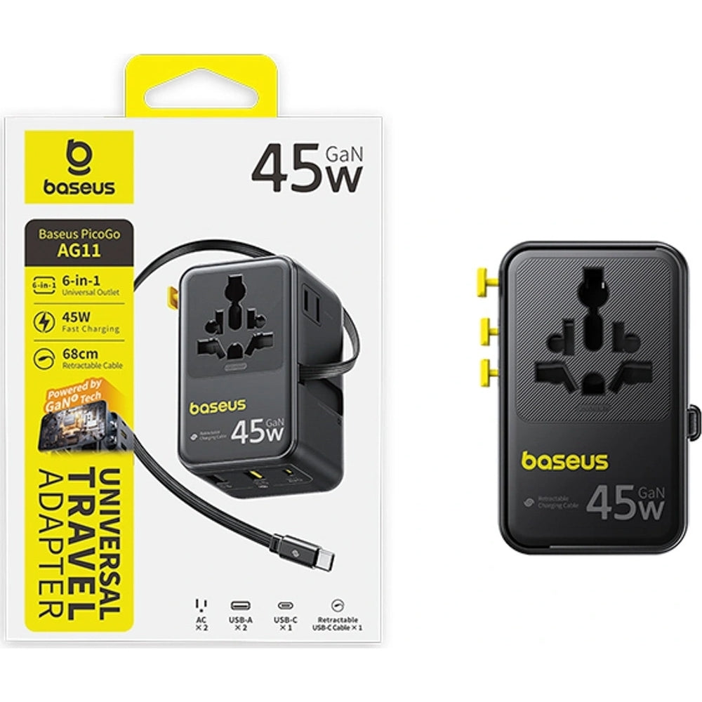 Adapter Reise / Netzladegerät Baseus PicoGo AG11 45W 6-in-1 EU/UK/US/AU/JP/CN + Kabel, Schwarz