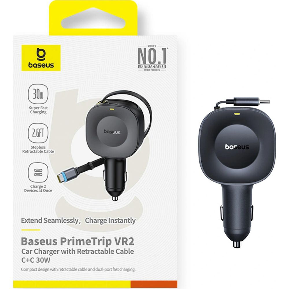 Autoladegerät USB-C mit ausziehbarem Kabel USB-C, Baseus PrimeTrip VR2, 60W, QC, PD, Huawei SCP, Schwarz