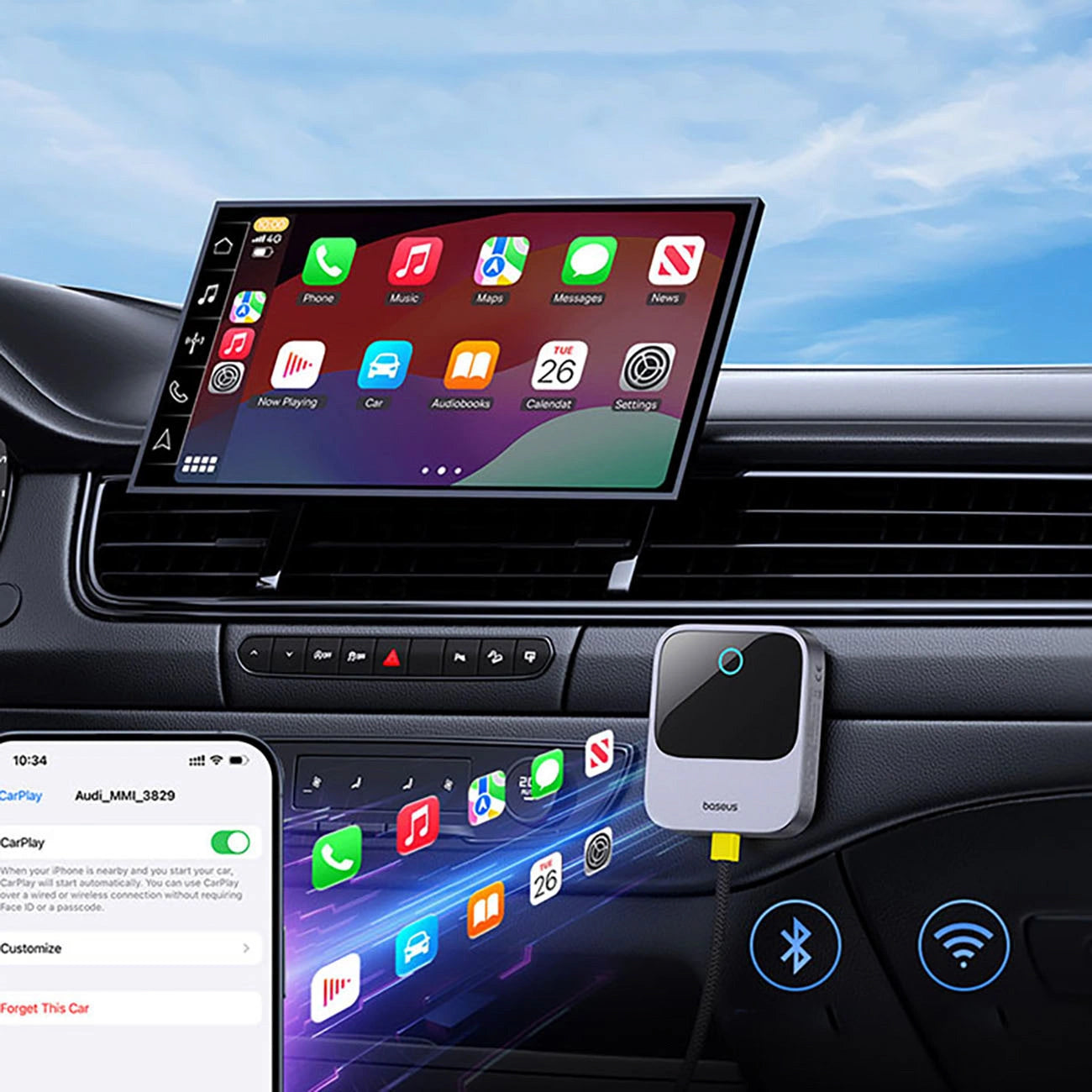 Adapter für drahtloses CarPlay, Baseus SafeJourney USB-A+USB-C, Bluetooth 5.0 / WiFi 5 GHz, Grau