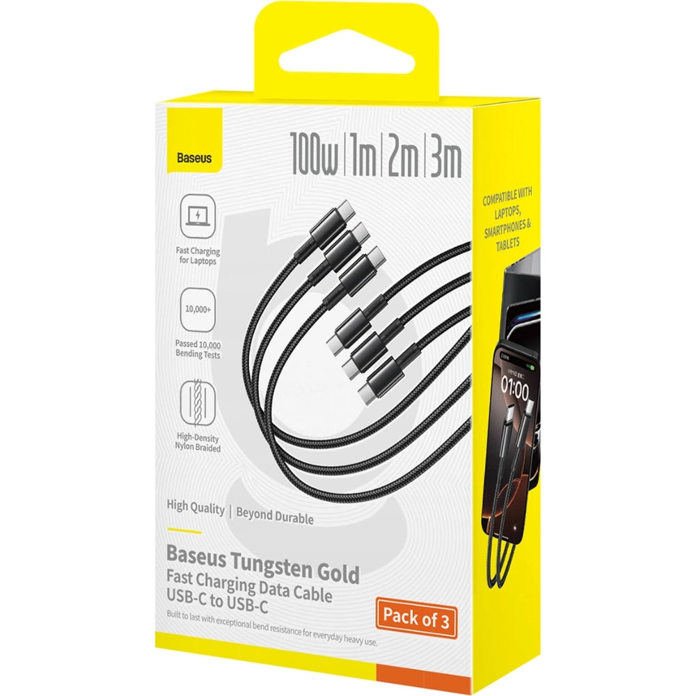 3 x Kabel USB-C zu USB-C, PD 100W, 1 m, 2m, 3m Baseus Tungsten Gold, Schwarz