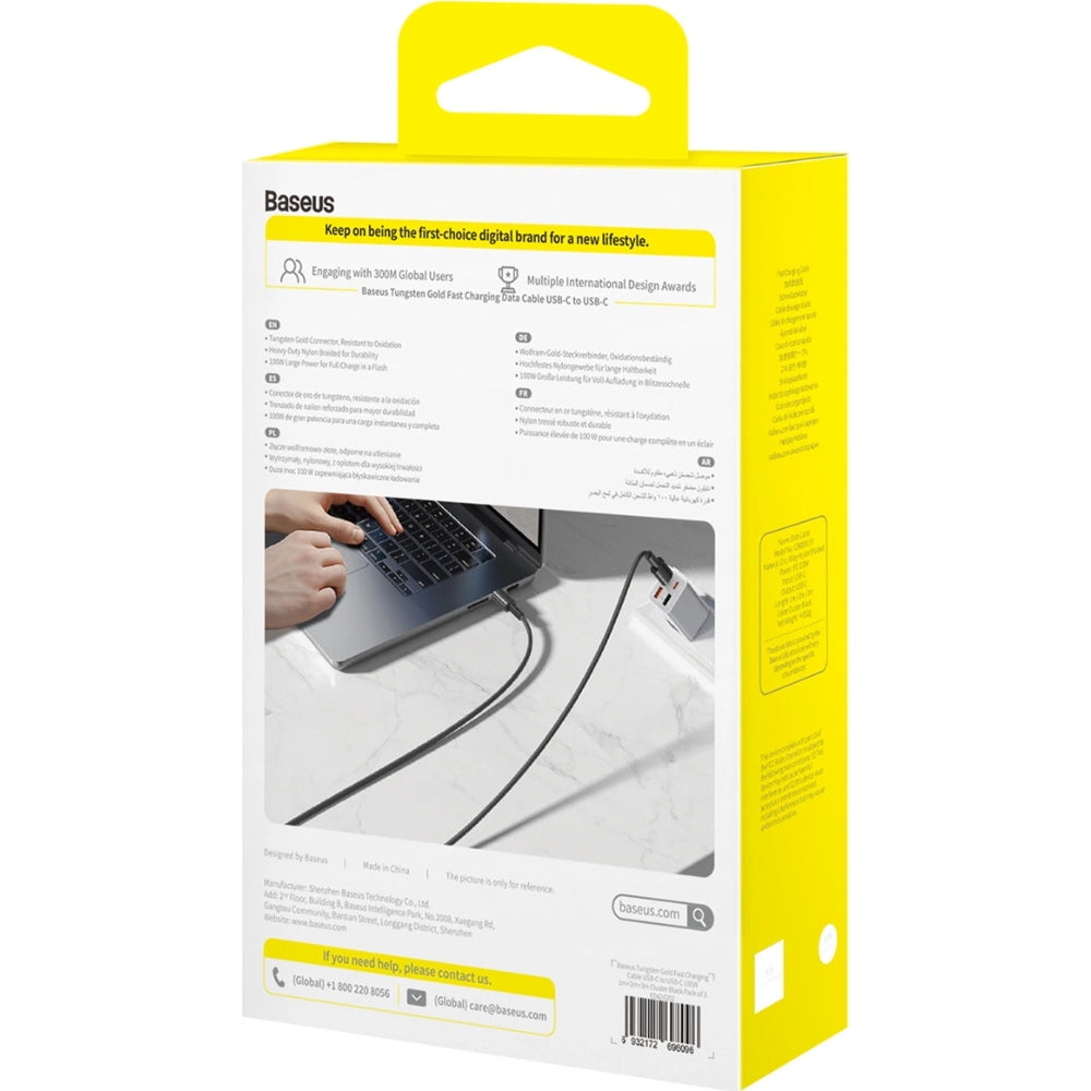 3 x Kabel USB-C zu USB-C, PD 100W, 1 m, 2m, 3m Baseus Tungsten Gold, Schwarz