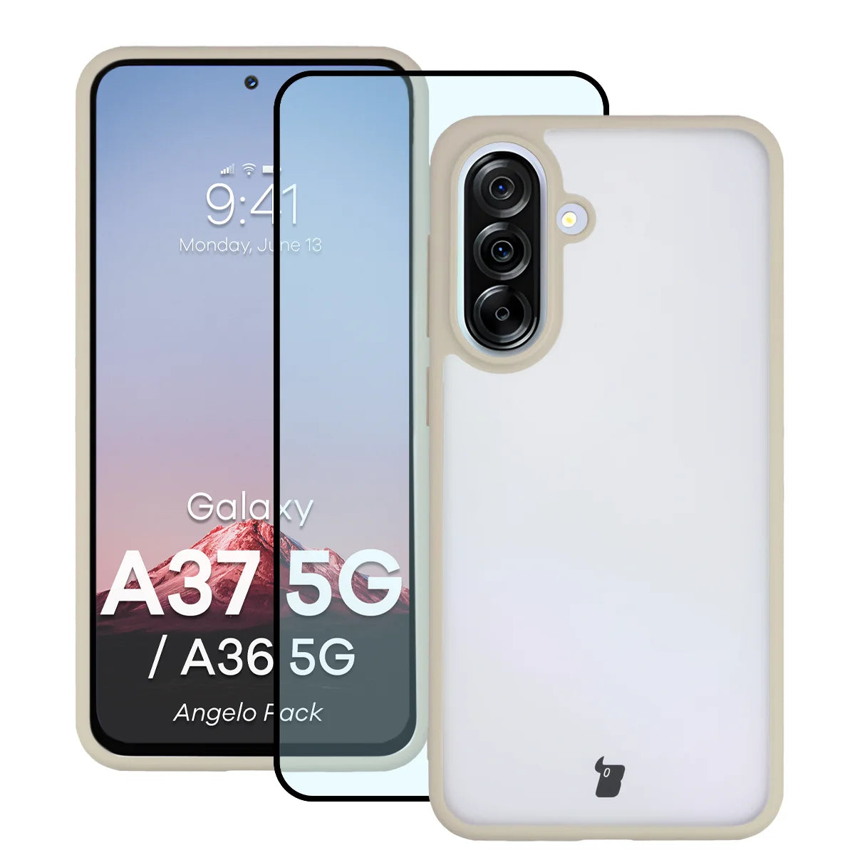 Schutzhülle + gehärtetem Glas für Galaxy A37 5G / A36 5G, Bizon Angelo Pack, Semitransparent mit beigem Rahmen