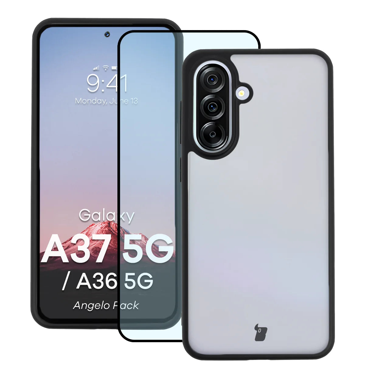 Schutzhülle + gehärtetem Glas für Galaxy A37 5G / A36 5G, Bizon Angelo Pack, Getönte mit schwarzem Rahmen