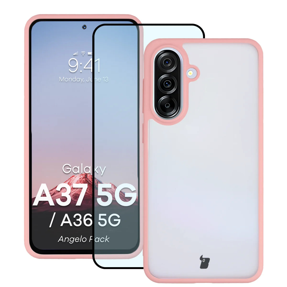 Schutzhülle + gehärtetem Glas für Galaxy A37 5G / A36 5G, Bizon Angelo Pack, Semitransparent mit hellrosem Rahmen