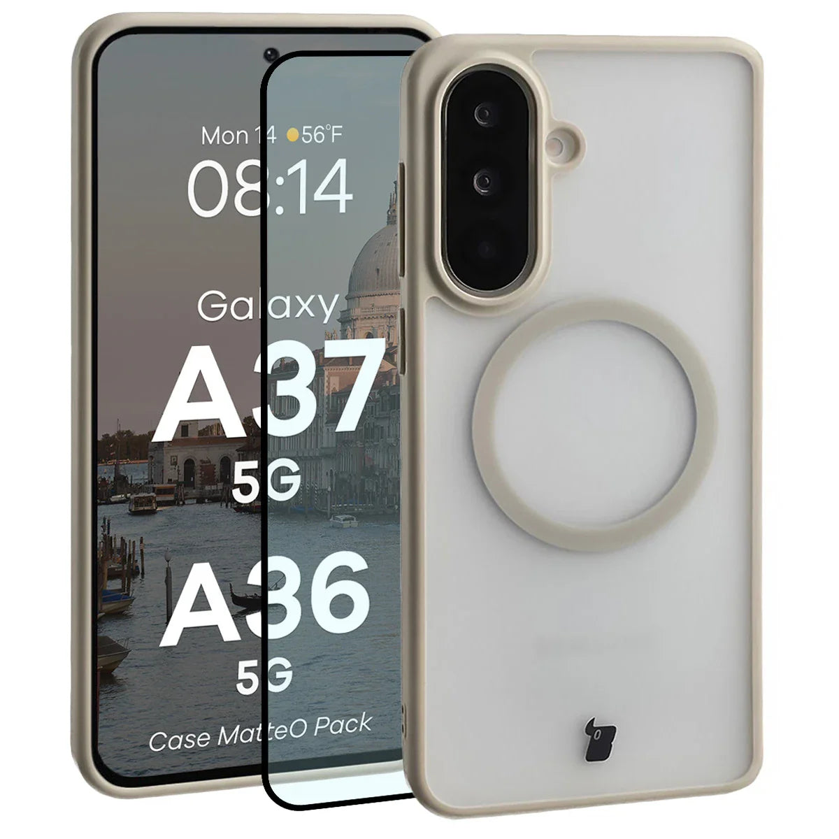 Schutzhülle mit Magnetring + gehärtetem Glas für Galaxy A37 5G / A36 5G, Bizon MatteO Pack, Getönt-Beige