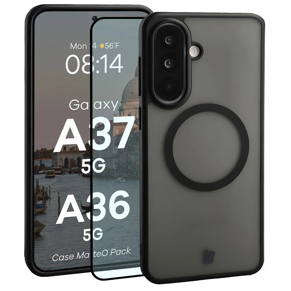 Schutzhülle mit Magnetring + gehärtetem Glas für Galaxy A37 5G / A36 5G, Bizon MatteO Pack, Getönt-Schwarz