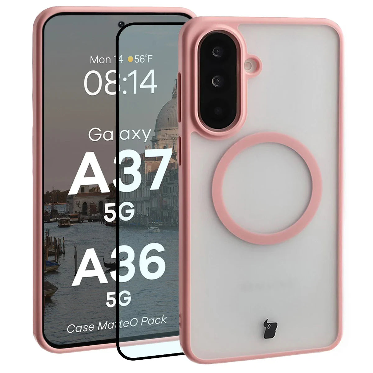 Schutzhülle mit Magnetring + gehärtetem Glas für Galaxy A37 5G / A36 5G, Bizon MatteO Pack, Getönt-Hellrosa