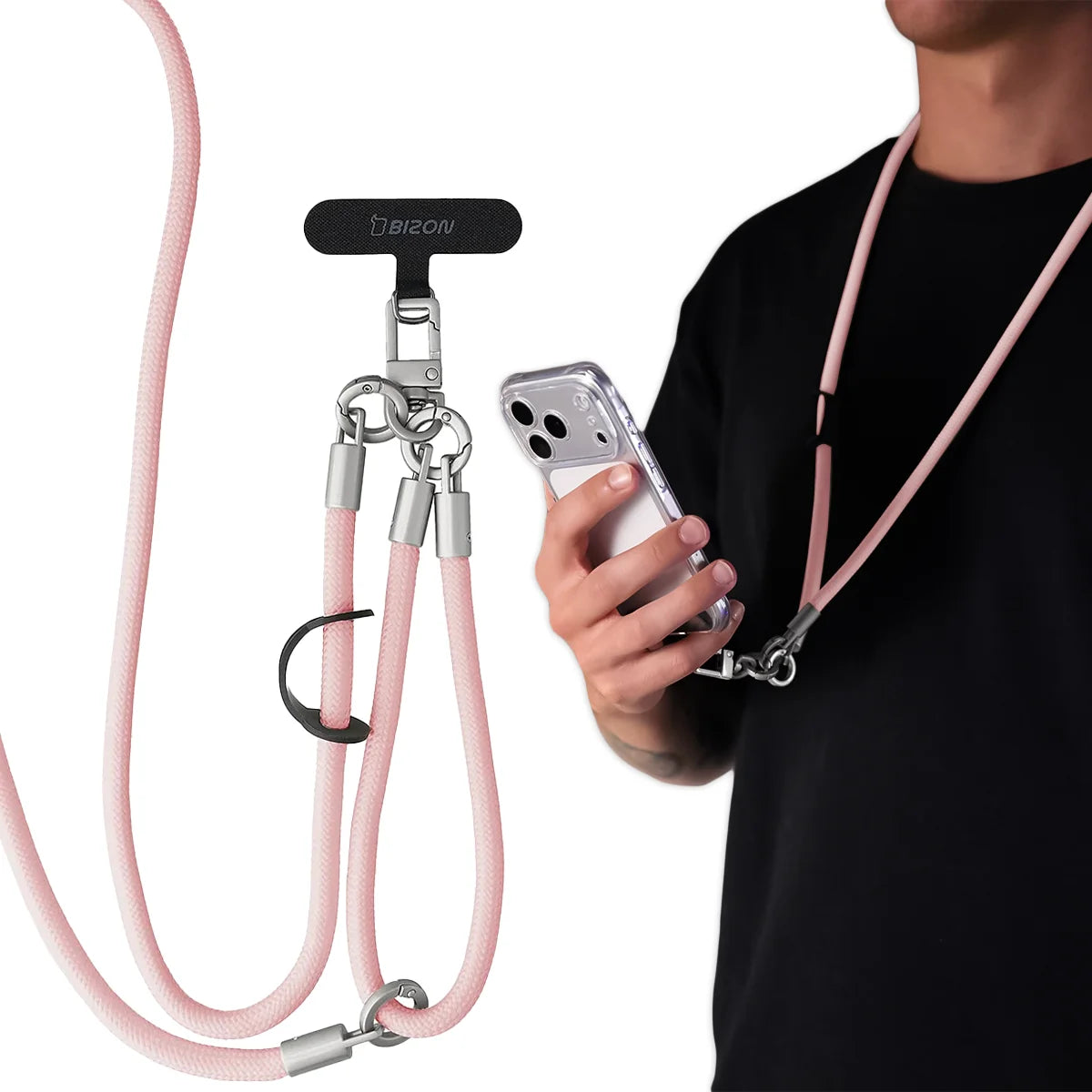 Universelle Handy-Lanyard für Handgelenk, Hals und Schulter, Bizon Accessories ReLoop, Hellrosa (1/7)