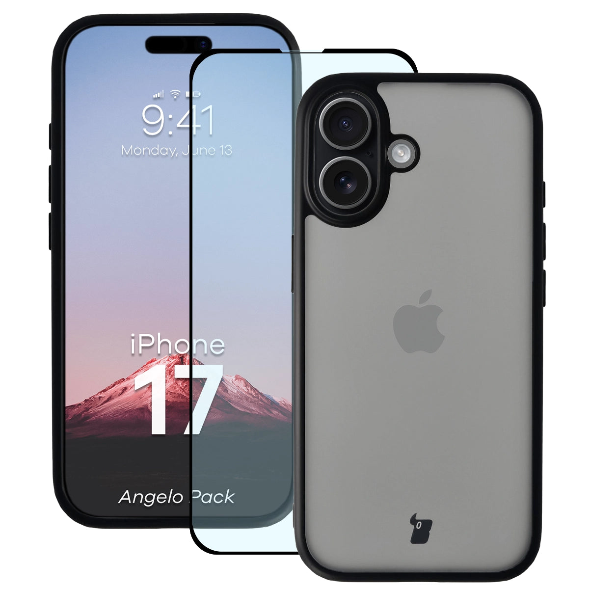 Schutzhülle + gehärtetem Glas für iPhone 17, Bizon Angelo Pack, Getönte mit schwarzem Rahmen