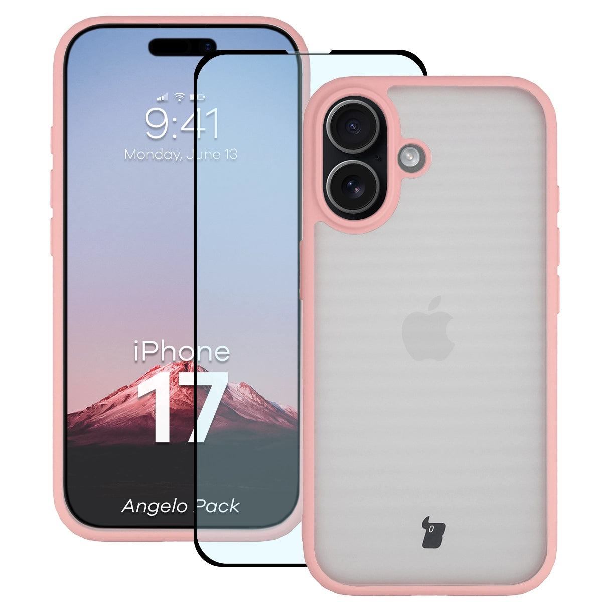 Schutzhülle + gehärtetem Glas für iPhone 17, Bizon Angelo Pack, Semitransparent mit hellrosem Rahmen