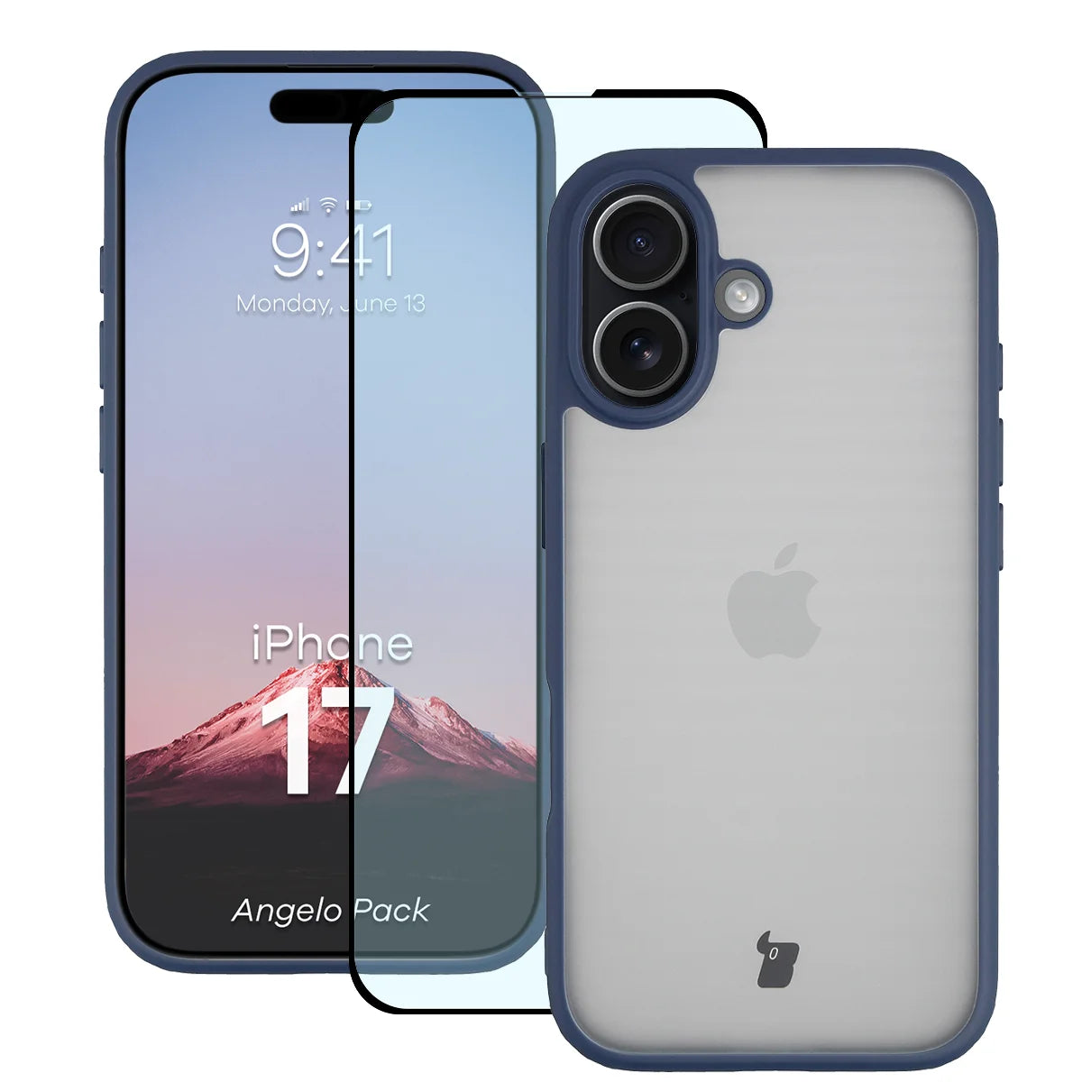 Schutzhülle + gehärtetem Glas für iPhone 17, Bizon Angelo Pack, Semitransparent mit dunkelblauem Rahmen