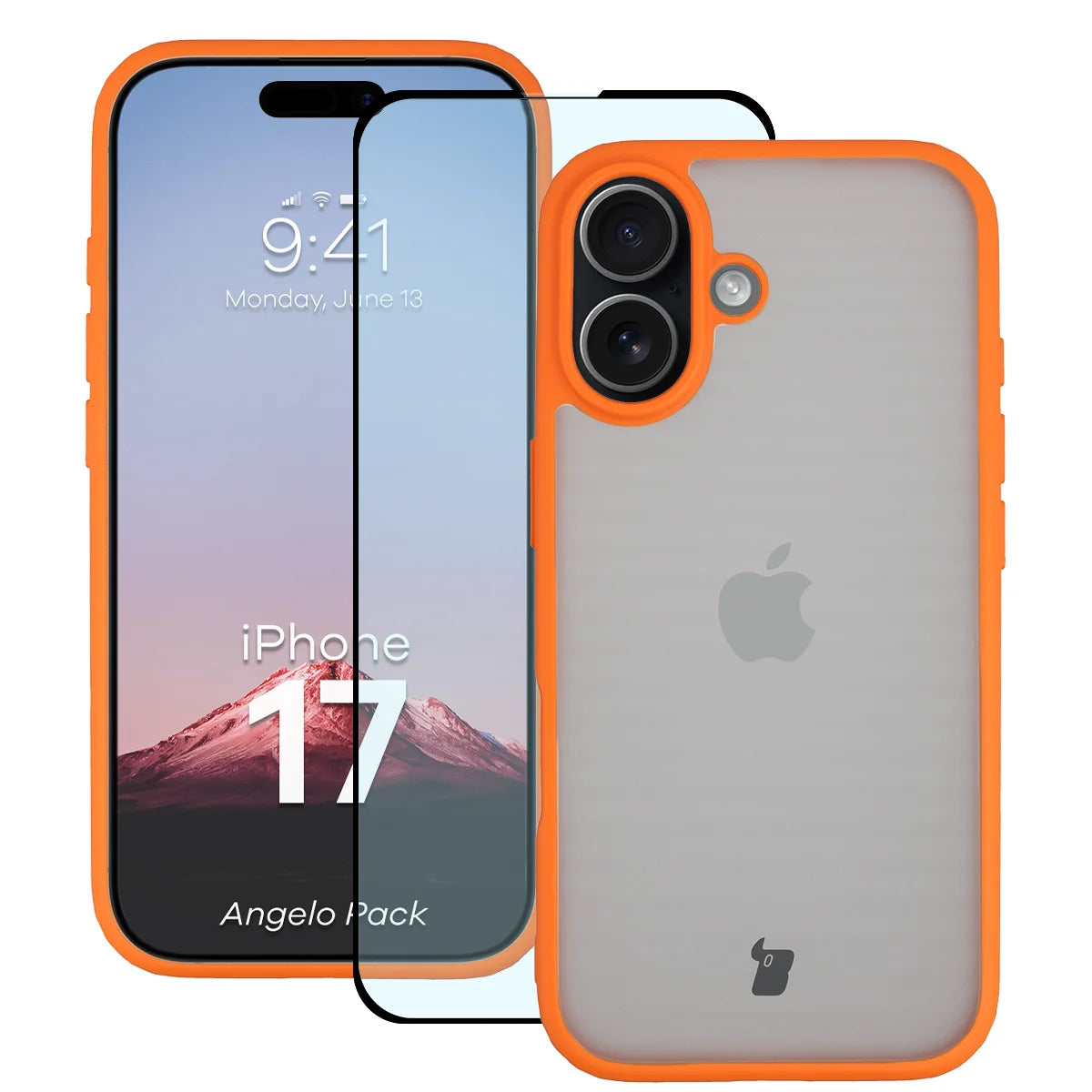 Schutzhülle + gehärtetem Glas für iPhone 17, Bizon Angelo Pack, Semitransparent mit orangefarbenem Rahmen