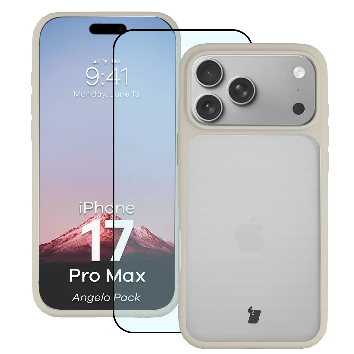 Schutzhülle + gehärtetem Glas für iPhone 17 Pro Max, Bizon Angelo Pack, Semitransparent mit beigem Rahmen