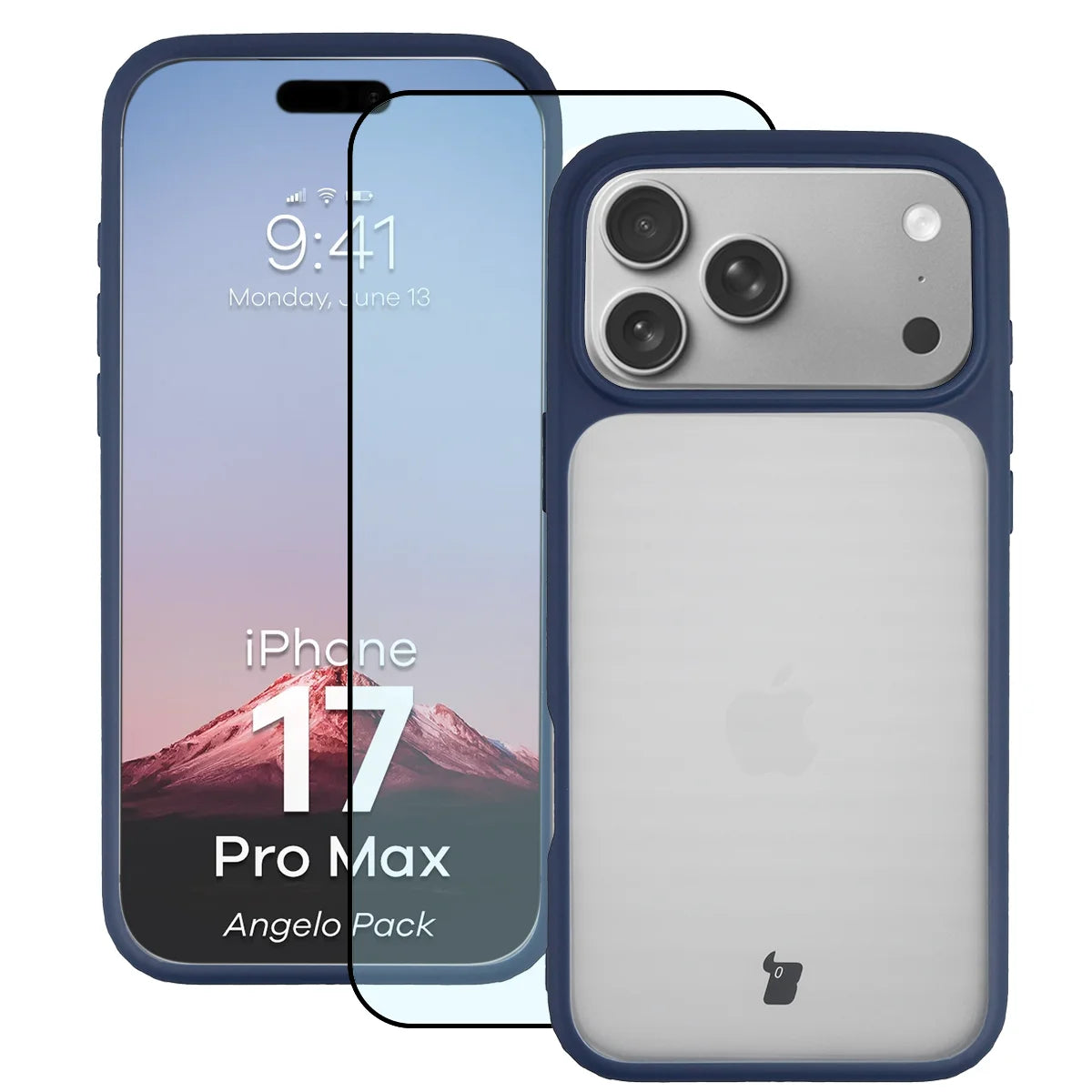 Schutzhülle + gehärtetem Glas für iPhone 17 Pro Max, Bizon Angelo Pack, Semitransparent mit orangefarbenem Rahmen