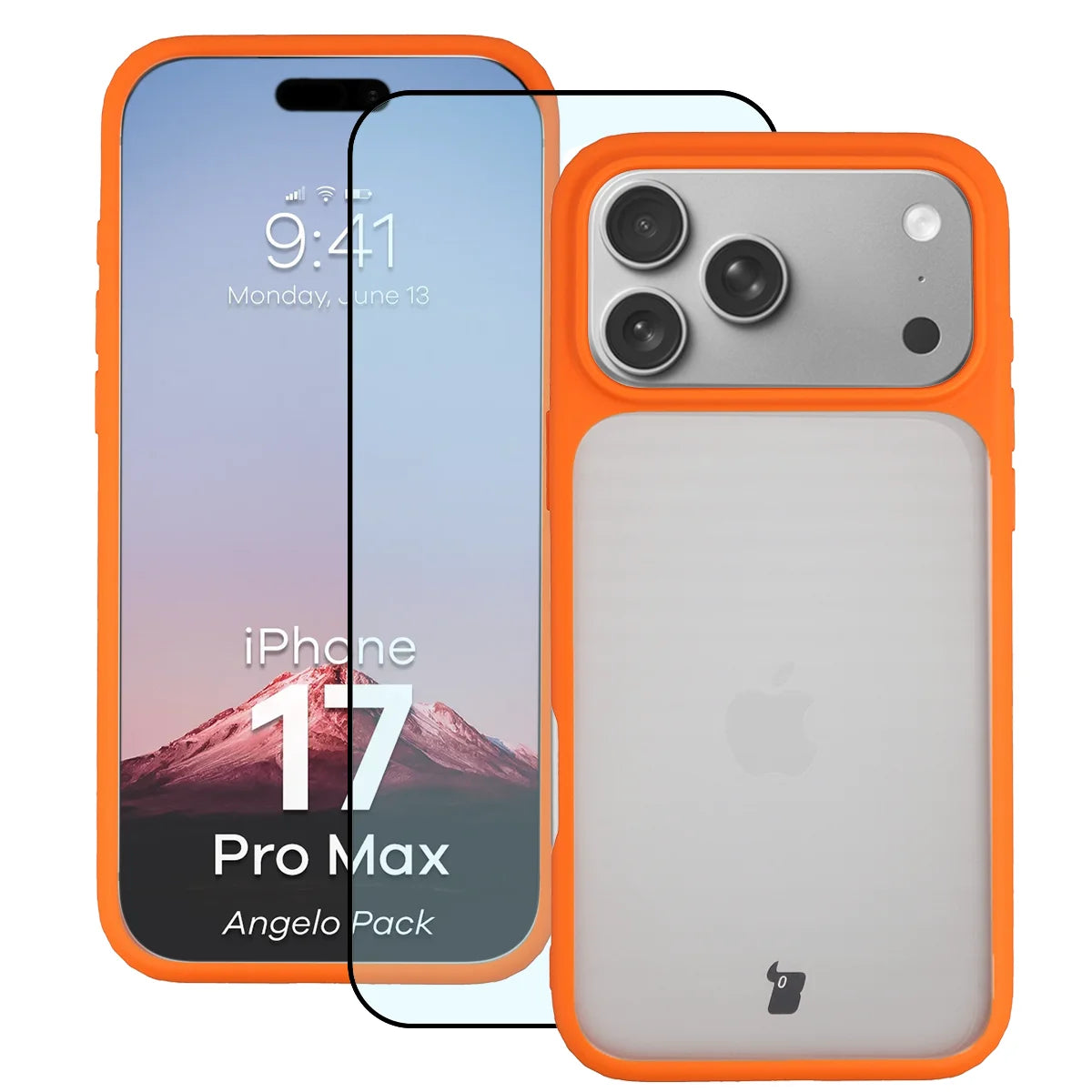 Schutzhülle + gehärtetem Glas für iPhone 17 Pro Max, Bizon Angelo Pack, Semitransparent mit orangefarbenem Rahmen