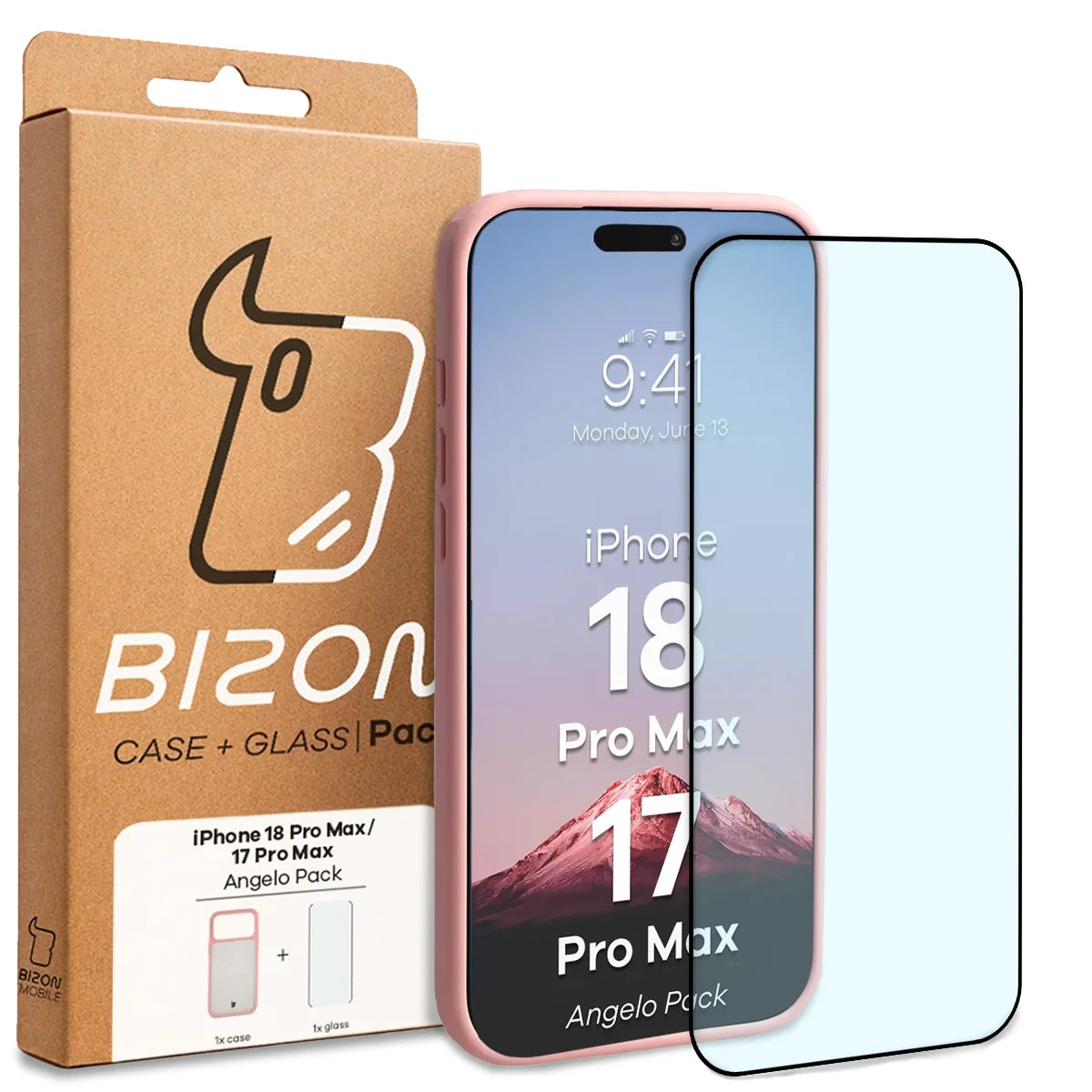 Schutzhülle + gehärtetem Glas für iPhone 18 Pro Max / 17 Pro Max, Bizon Angelo Pack, Semitransparent mit hellrosem Rahmen (7/7)
