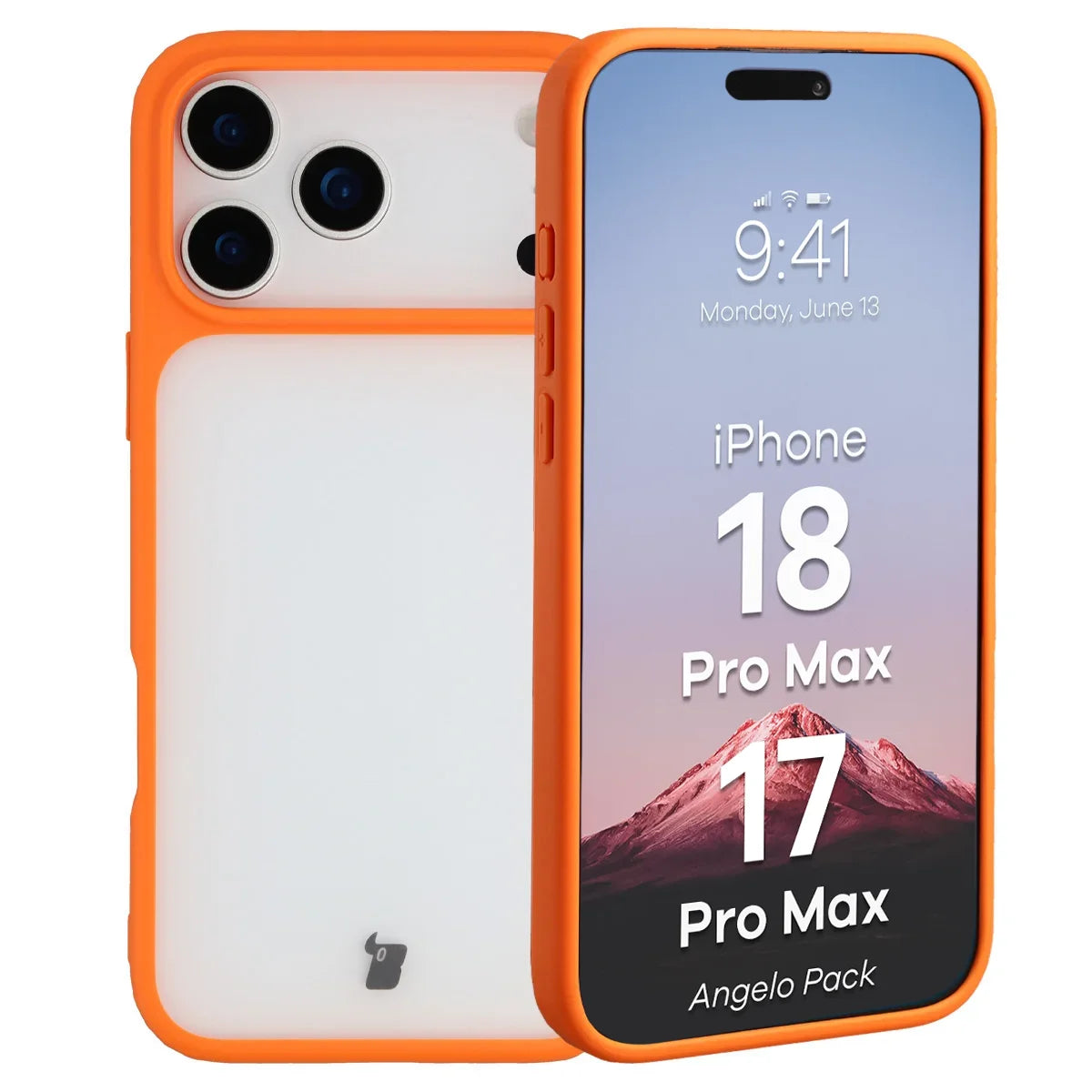 Schutzhülle + gehärtetem Glas für iPhone 18 Pro Max / 17 Pro Max, Bizon Angelo Pack, Semitransparent mit orangefarbenem Rahmen (3/8)