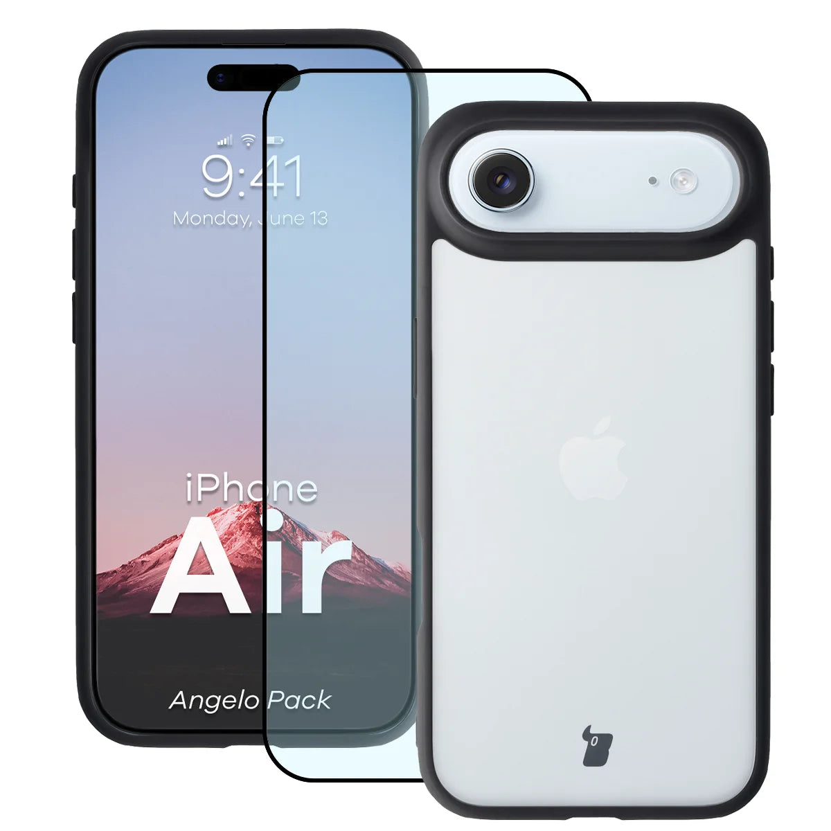 Schutzhülle + gehärtetem Glas für iPhone Air, Bizon Angelo Pack, Getönte mit schwarzem Rahmen
