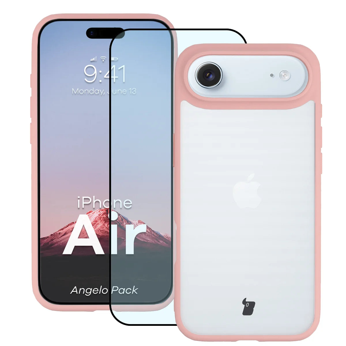 Schutzhülle + gehärtetem Glas für iPhone Air, Bizon Angelo Pack, Semitransparent mit hellrosem Rahmen