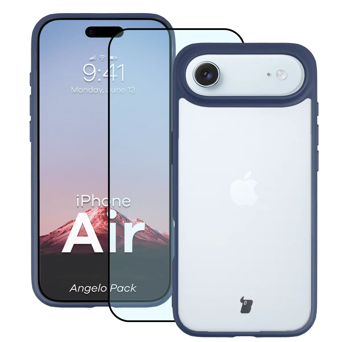 Schutzhülle + gehärtetem Glas für iPhone Air, Bizon Angelo Pack, Semitransparent mit dunkelblauem Rahmen
