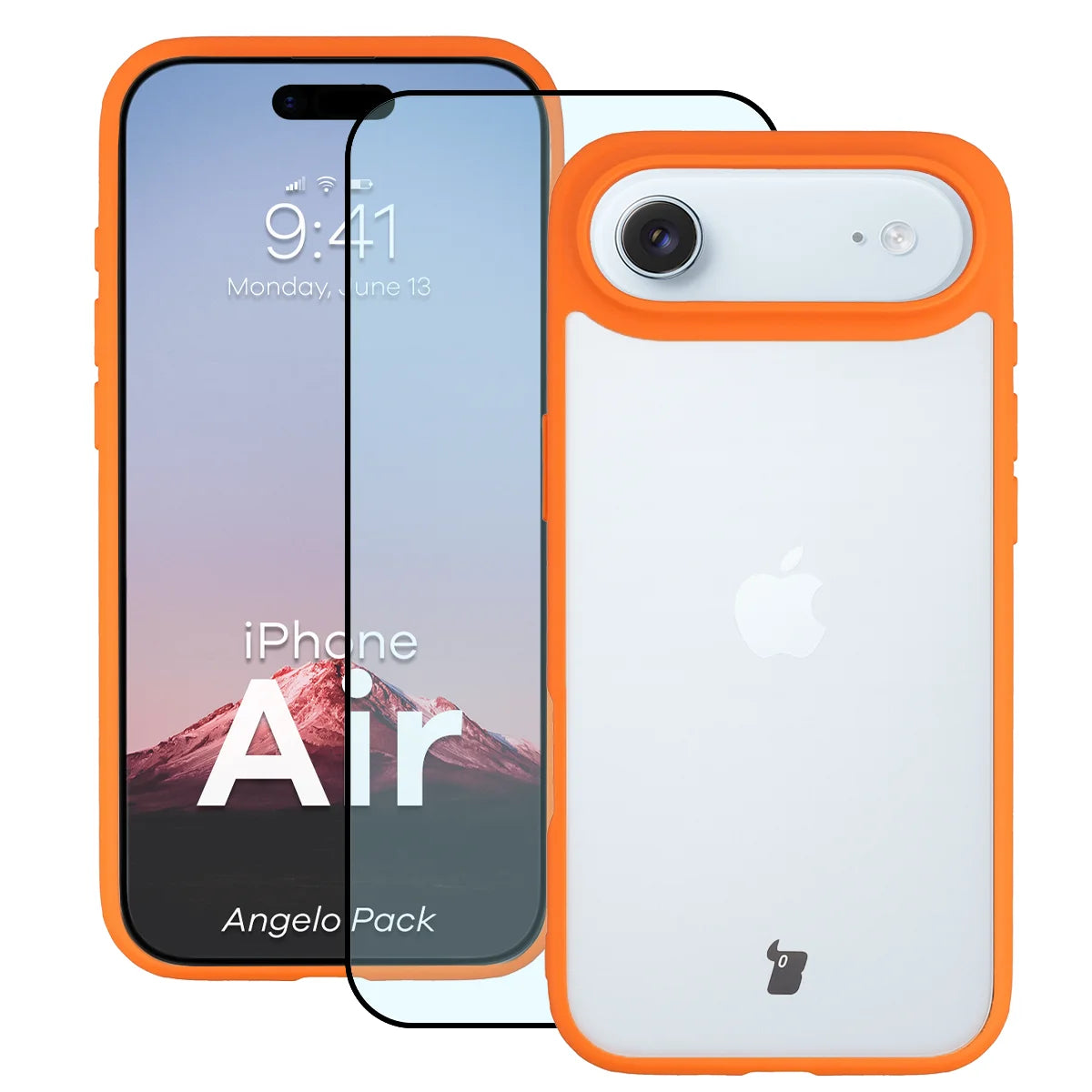 Schutzhülle + gehärtetem Glas für iPhone Air, Bizon Angelo Pack, Semitransparent mit orangefarbenem Rahmen