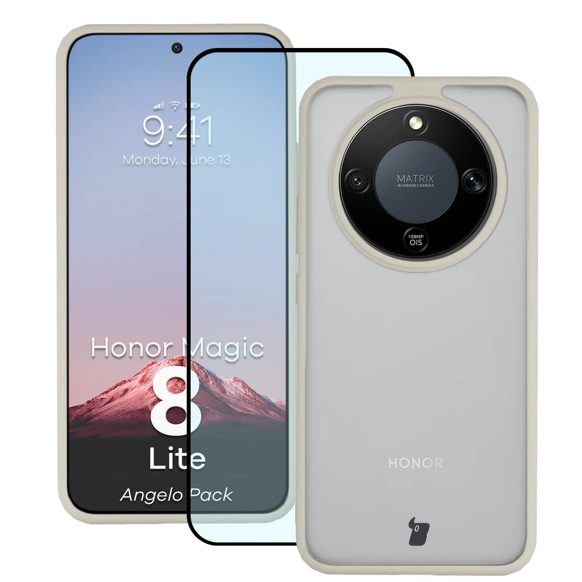 Schutzhülle + gehärtetem Glas für Honor Magic8 Lite, Bizon Angelo Pack, Semitransparent mit beigem Rahmen