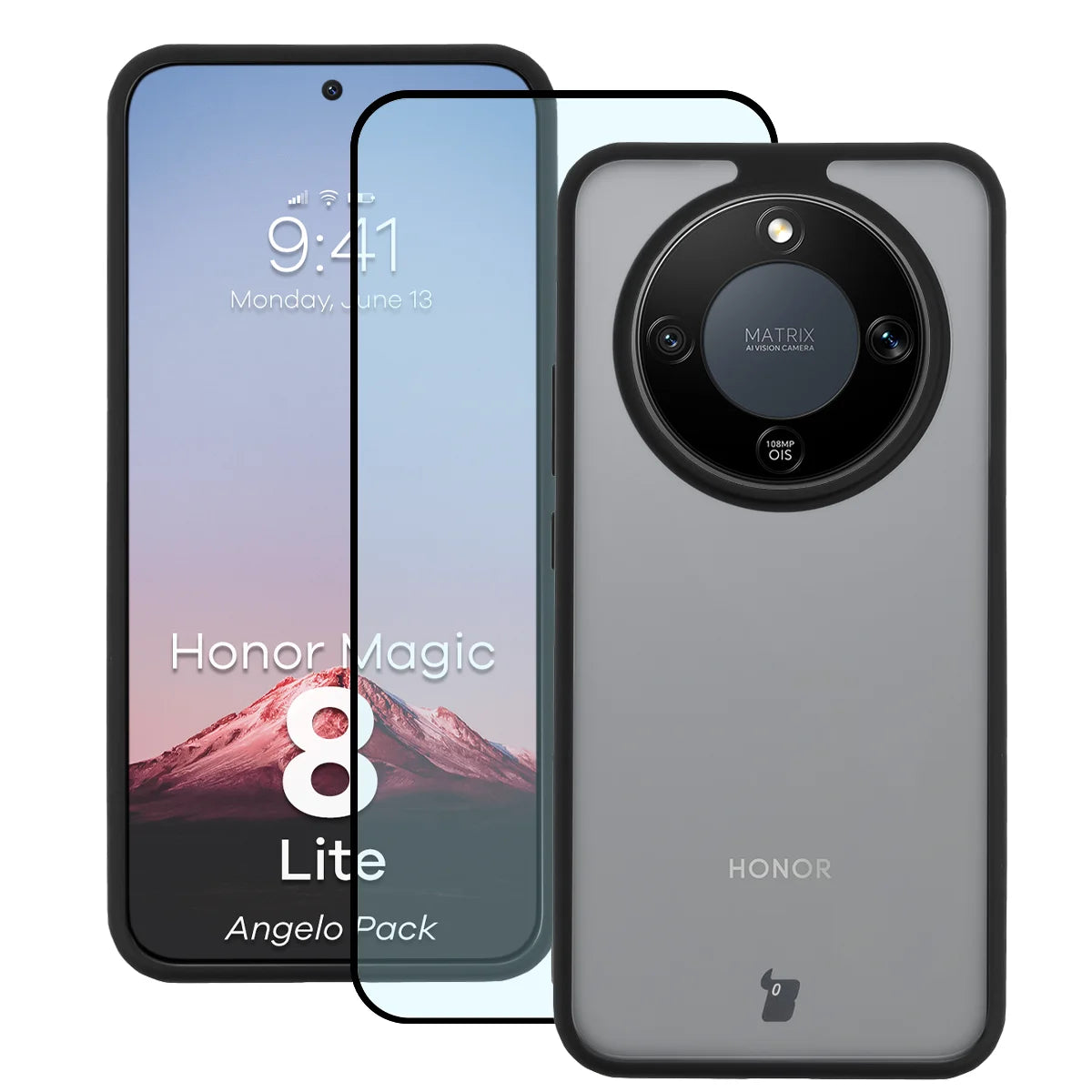 Schutzhülle + gehärtetem Glas für Honor Magic8 Lite, Bizon Angelo Pack, Getönte mit schwarzem Rahmen