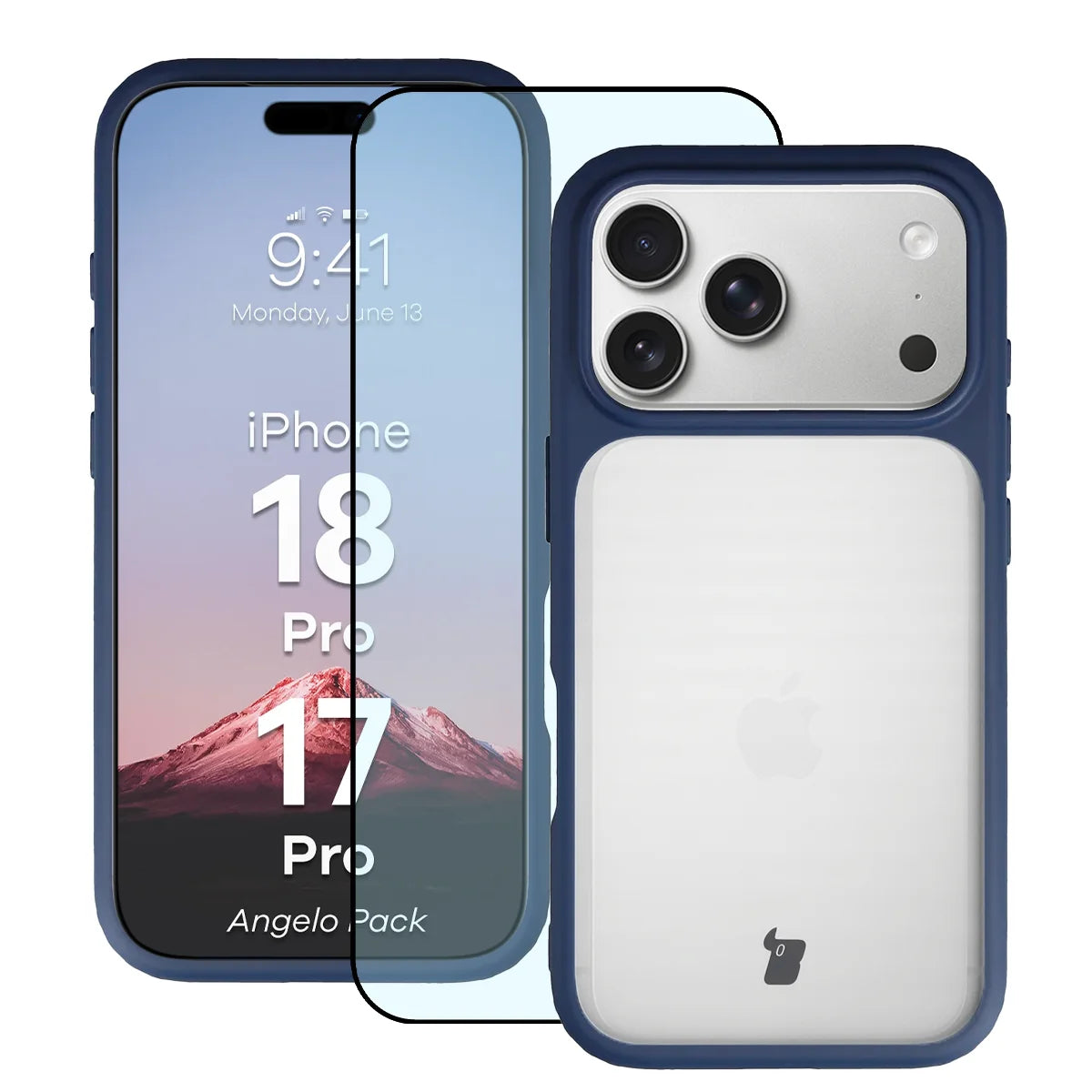 Schutzhülle + gehärtetem Glas für iPhone 18 Pro / 17 Pro, Bizon Angelo Pack, Semitransparent mit dunkelblauem Rahmen (1/8)