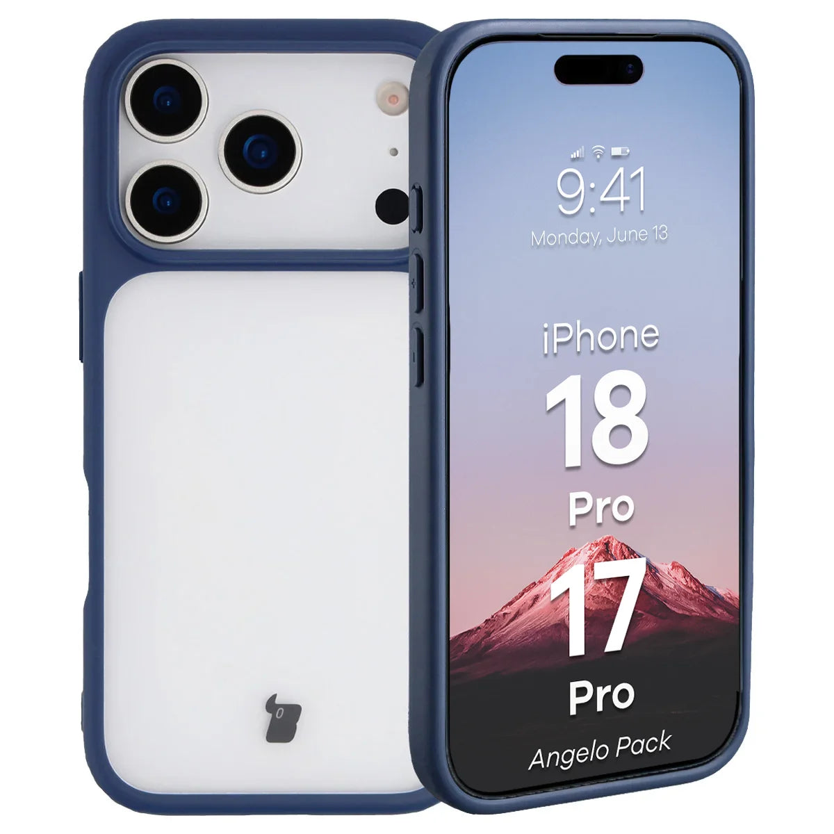 Schutzhülle + gehärtetem Glas für iPhone 18 Pro / 17 Pro, Bizon Angelo Pack, Semitransparent mit dunkelblauem Rahmen (3/8)