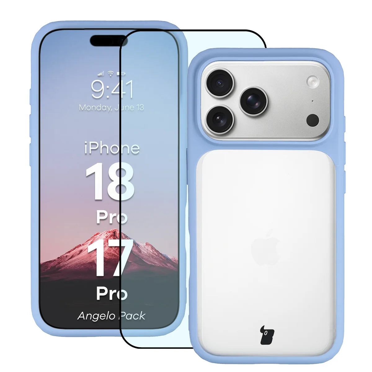 Schutzhülle + gehärtetem Glas für iPhone 18 Pro / 17 Pro, Bizon Angelo Pack, Semitransparent mit hellblauem Rahmen (1/8)