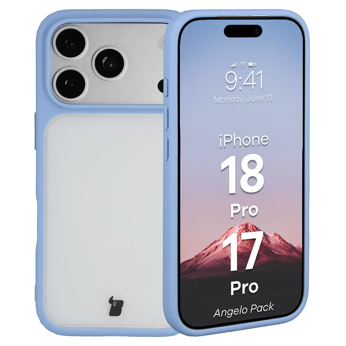 Schutzhülle + gehärtetem Glas für iPhone 18 Pro / 17 Pro, Bizon Angelo Pack, Semitransparent mit hellblauem Rahmen (3/8)