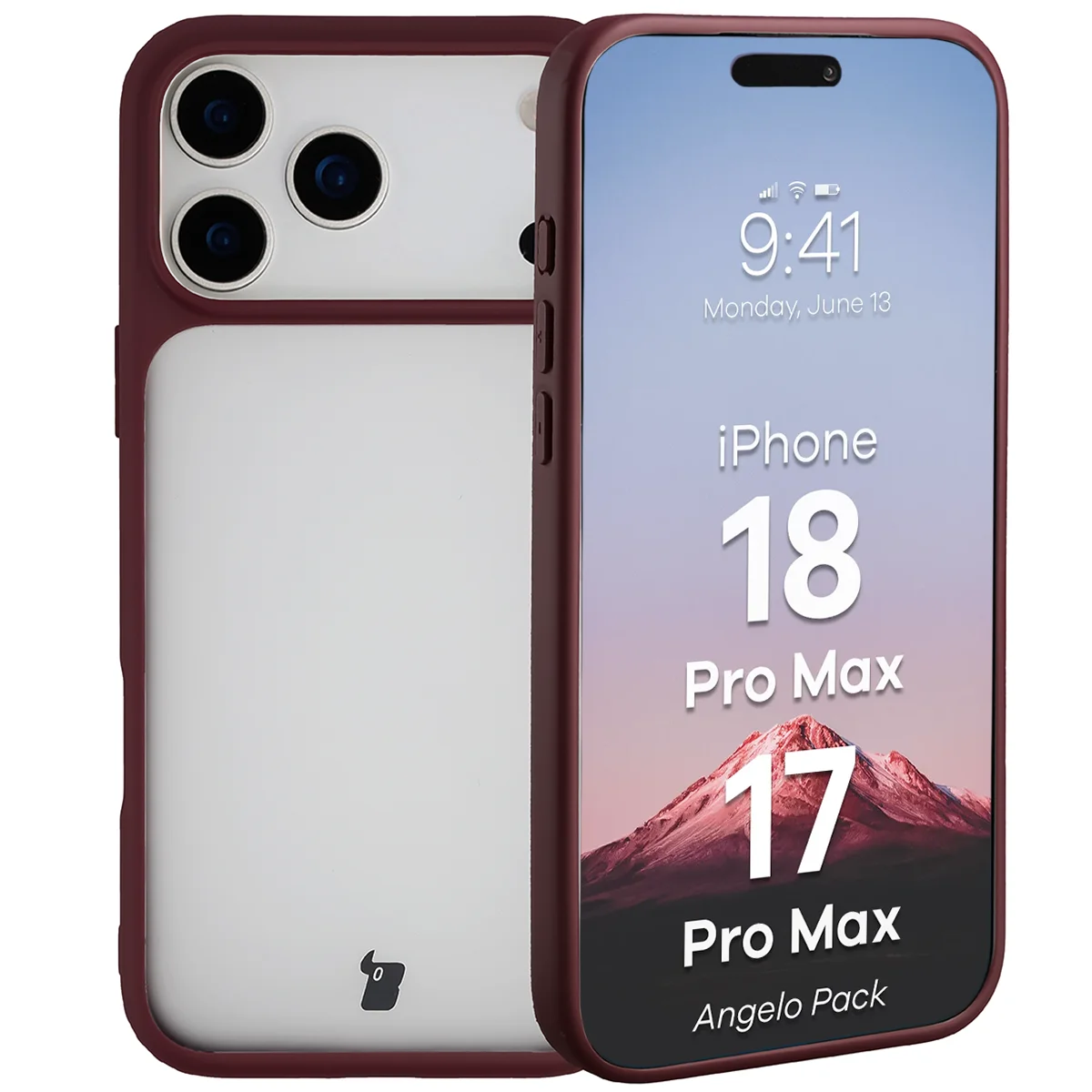 Schutzhülle + gehärtetem Glas für iPhone 18 Pro Max / 17 Pro Max, Bizon Angelo Pack, Semitransparent mit burgunderrotem Rahmen (3/8)