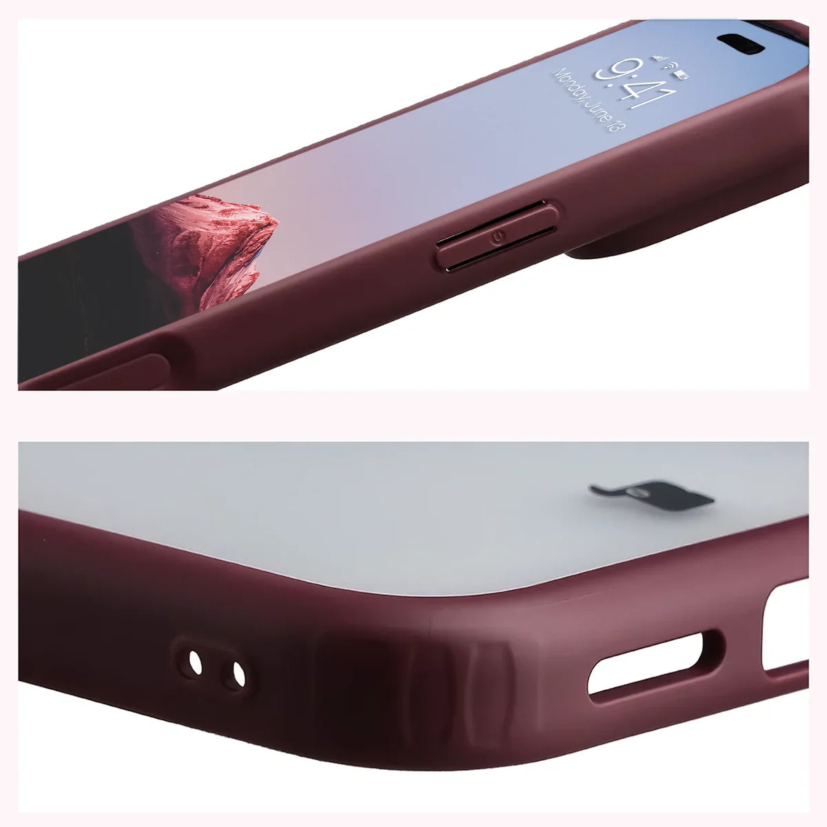 Schutzhülle + gehärtetem Glas für iPhone 18 Pro Max / 17 Pro Max, Bizon Angelo Pack, Semitransparent mit burgunderrotem Rahmen (5/8)