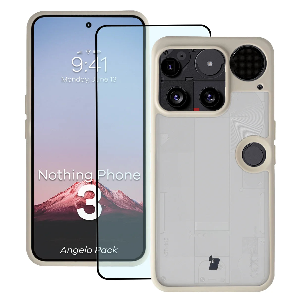 Schutzhülle + gehärtetem Glas für Nothing Phone (3), Bizon Angelo Pack, Semitransparent mit beigem Rahmen
