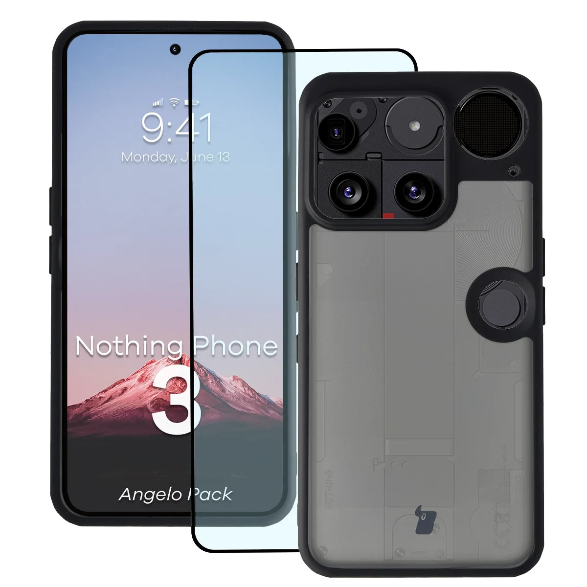 Schutzhülle + gehärtetem Glas für Nothing Phone (3), Bizon Angelo Pack, Getönte mit schwarzem Rahmen